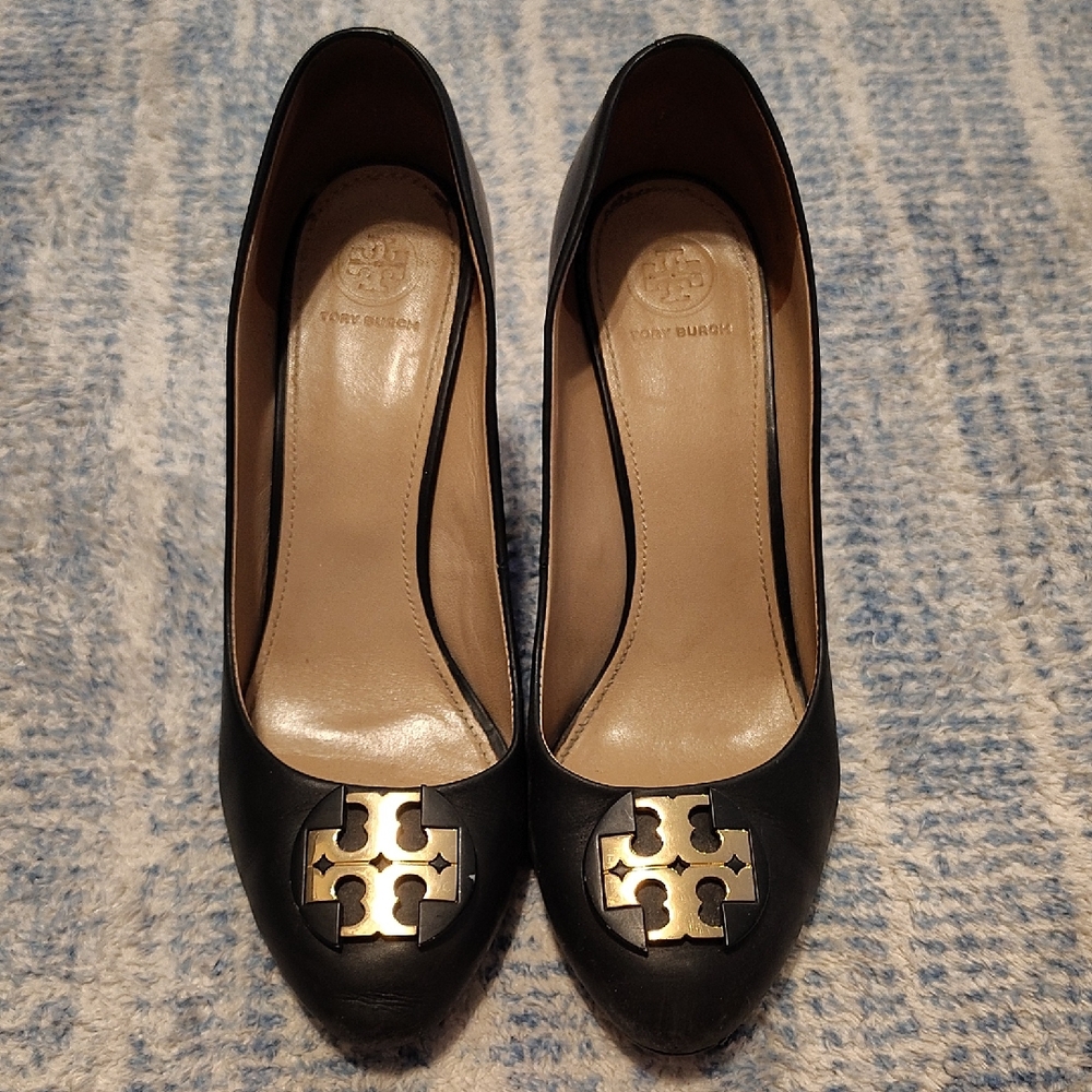 Tory Burch Black Heels with Gold Logo